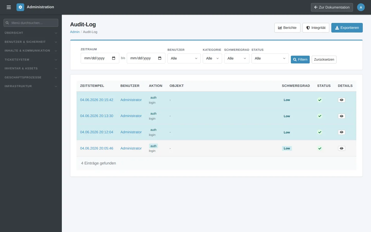 Screenshot: Audit-Log – Manipulationssichere Hash-Chain