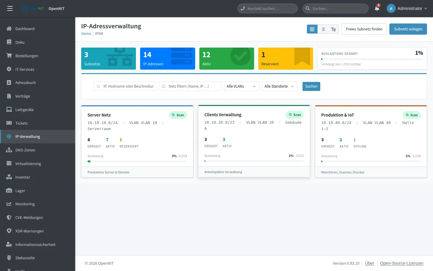 Screenshot: IPAM – Subnetze, VLANs & Auslastung