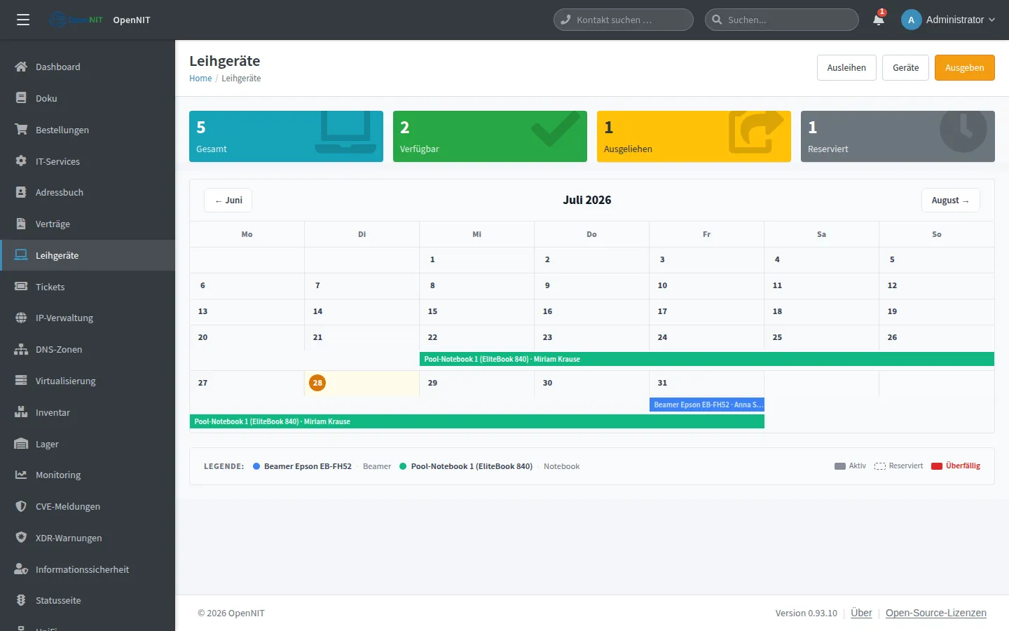 Screenshot: Leihgeräte – Ausleih-Kalender & Überfälligkeit