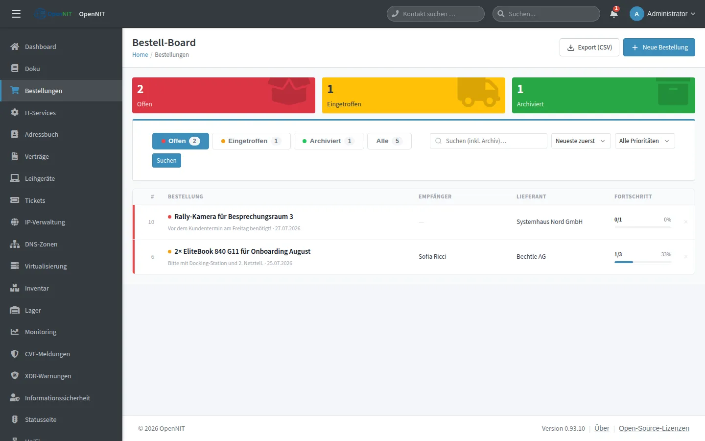 Screenshot: Bestell-Board – Beschaffung mit Freigabe-Workflow