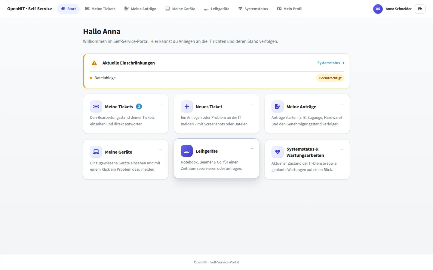 Self-Service-Portal mit Kacheln für Tickets, Anträge und Leihgeräte
