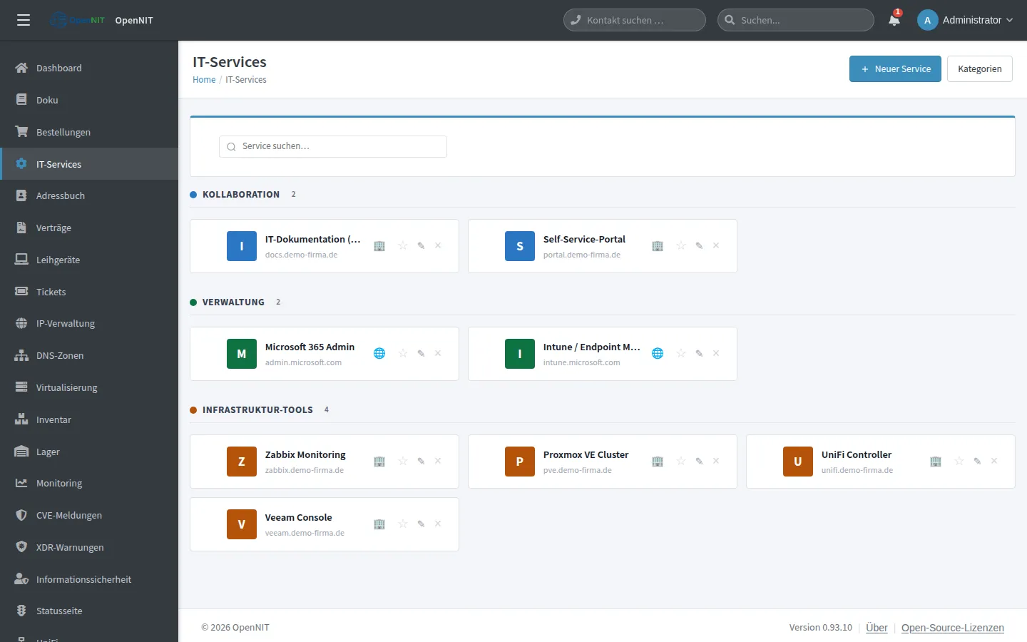Screenshot: IT-Services – Schnellzugriff mit Pins