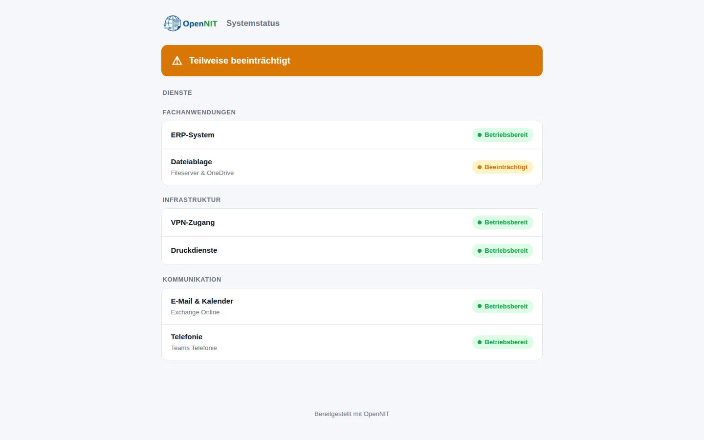 Screenshot: Statusseite – Öffentlicher Dienst-Status ohne Login