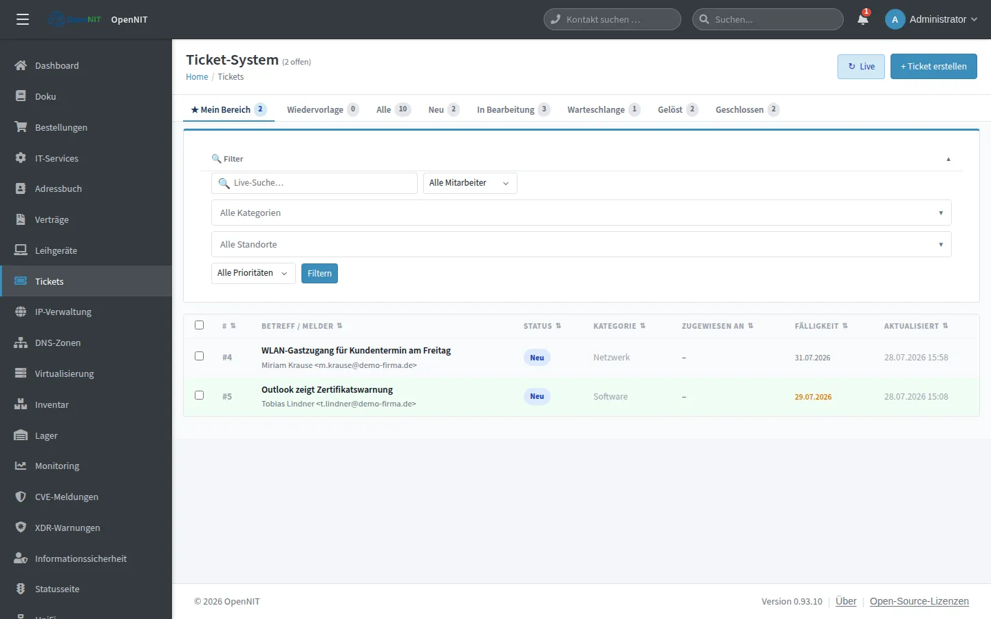Ticketsystem mit Status-Tabs und SLA